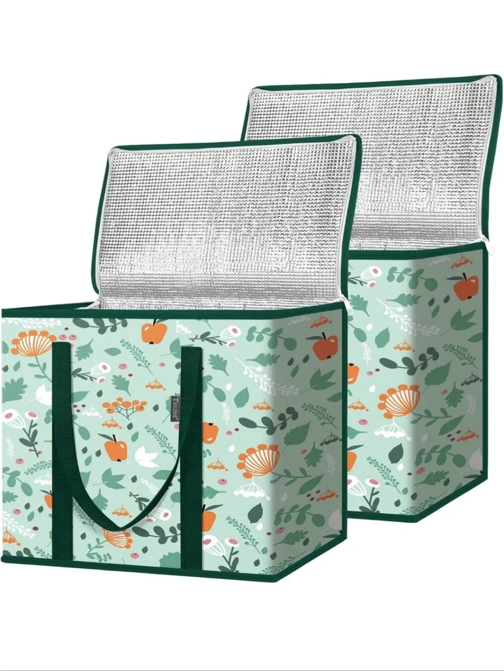 Insulated Floral Print Storage Tote Bag - Green